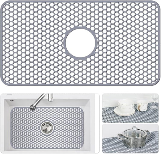 Bestjing Silicone Sink Mat - Protectors for Kitchen Sink with Center Drain, 26"x 14" Kitchen Grid Accessory, Non-Slip Heat-Resistant Mat for Bottom of Farmhouse Porcelain Stainless Steel (Center Hole)