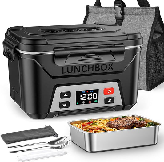 EAST OAK Heated Lunch Box for Men, Electric Lunch Box for Adults, 5.5 Cups Cordless Portable Food Warmer, Rechargeable Self Heating Food Heater with Memory Function, Automatic Keep Warm(Matte Black)
