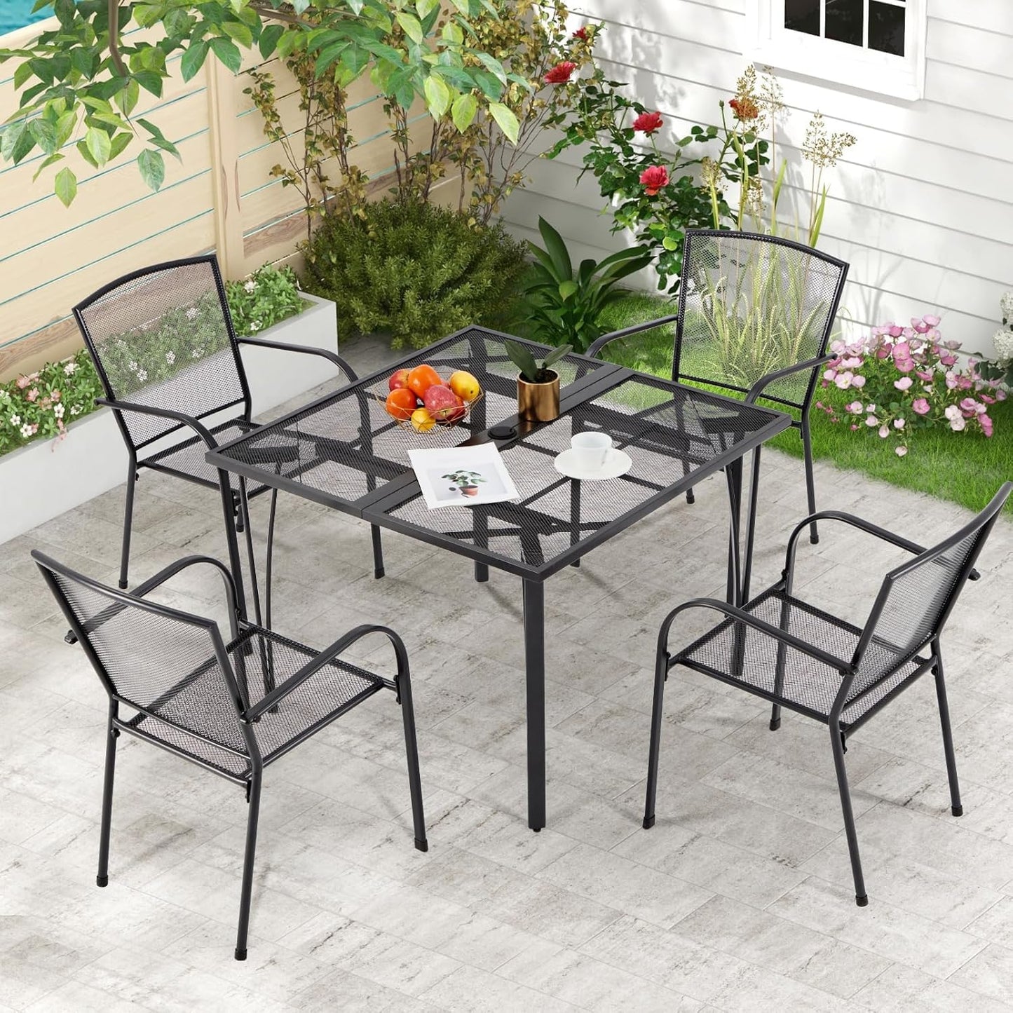 AECOJOY39.4 Outdoor Patio Dining Table and Chairs Set for 4, Square Metal Patio Table with 1.6" Umbrella Hole, All-Weather Resistant Outdoor Furniture Table Set for Patio, Backyard, Garden, Poolside