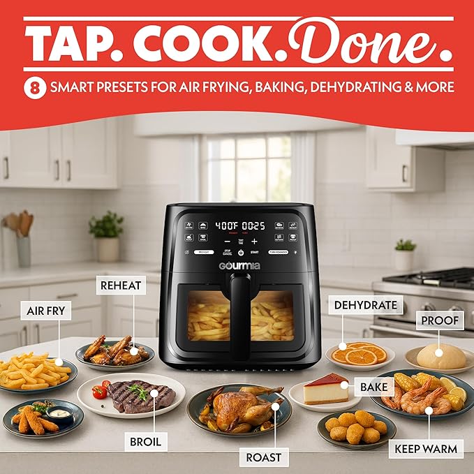 Gourmia 8 Qt Air Fryer, 8 Presets with Digital Display, FryForce 360° Technology, Easy View Window & Interior Light, Dishwasher Safe Basket, Black