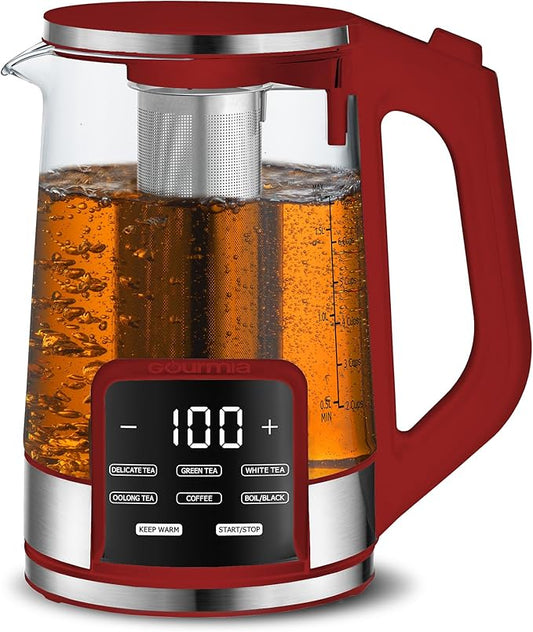 Gourmia Electric Glass Kettle – 1.7L Programmable Tea & Coffee Brewer with Digital Touch Display, 6 Presets, Removable Stainless Steel Infuser, Cordless with 360° Swivel Base, Red