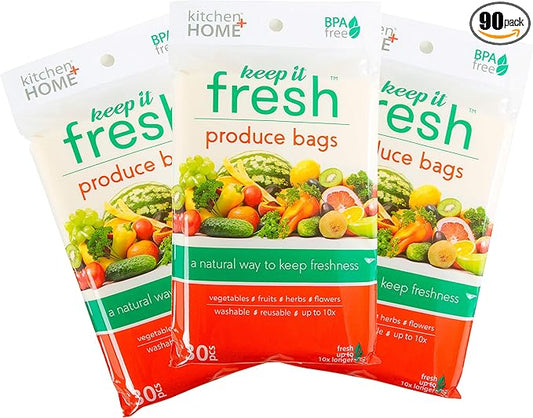 Keep it Fresh Produce Bags - 90 Reusable BPA Free Freshness Produce Bags & Twist Ties - Keeps Fruits, Veggies, and Flowers Fresher Longer