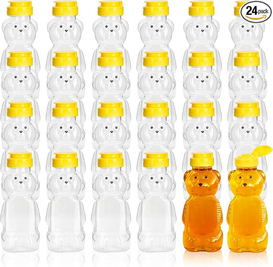 24 Pack 8 oz Plastic Honey Bear Bottle, Reusable Plastic Honey Bear Jars Bulk with Yellow Flip Top Lid for Storing and Dispensing(250ml /8 oz)