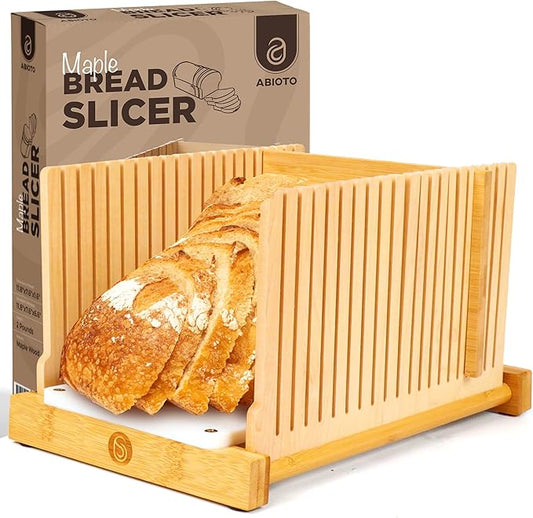 ABIOTO Bread Slicer for Homemade Bread - No Splinter with HDPE Base & Maple Finger - 4 Different Thicknesses for Uniform & Consistent Slices - Foldable Bread Cutter with Optimal Knife Grooves