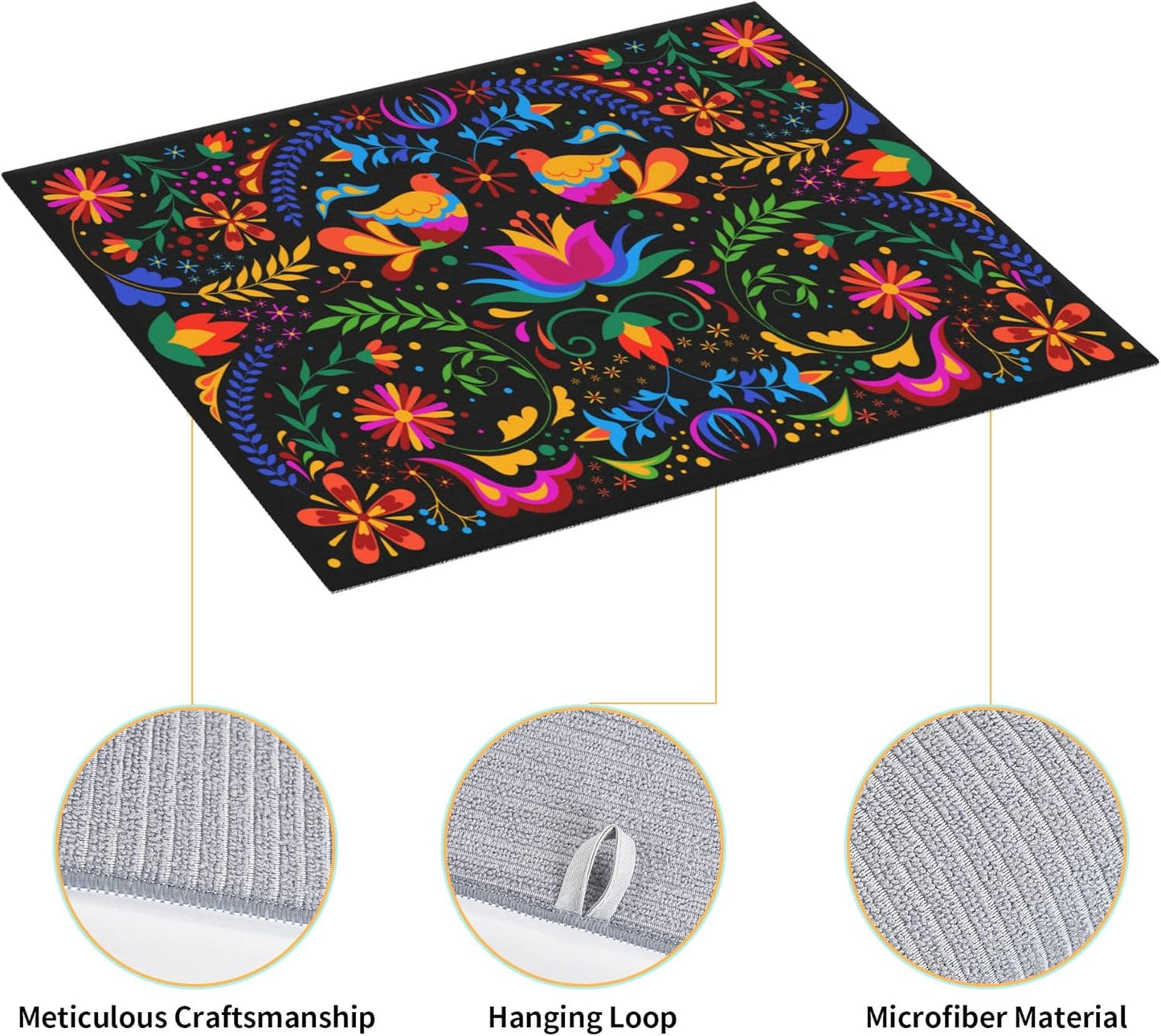 Mexican Dish Drying Mat for Kitchen Counter Mexican Flower Decorative Dish Drainer Rack Mats 16x18 Inch Absorbent Reversible Drying Pad Black