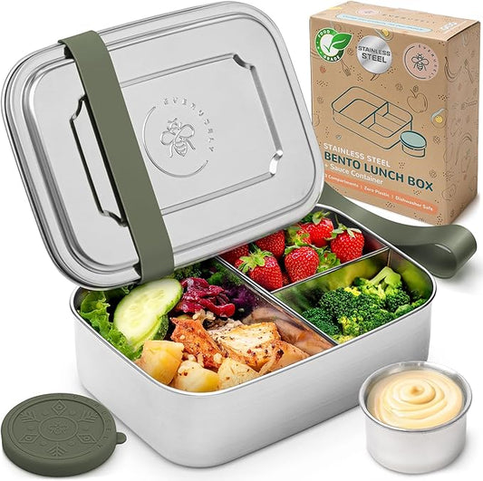 Everusely - Bento Box - Sage, 47oz / 1.4 L - Large Stainless Steel Lunch Box with Leakproof Condiment Container - 3 Compartment Snack Organizer for On the Go Meals - Freezer & Dishwasher Safe