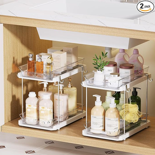 Delamu 2 Tier Bathroom Under Sink Organizers and Storage with Hook, Multi-Purpose Cabinet Drawers with Movable Dividers, Pull Out Organization for Countertop, Kitchen and Pantry(White, 2 Pack)