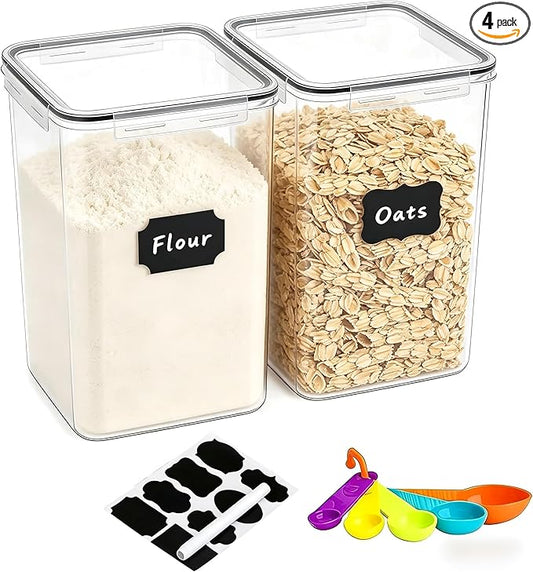 2 Pieces 6.5L / 220 oz Large Food Storage Containers, BPA Free Plastic Airtight Canisters for Flour, Sugar, Baking Supplies, Rice with Lids, Measuring Cups and Labels, Black