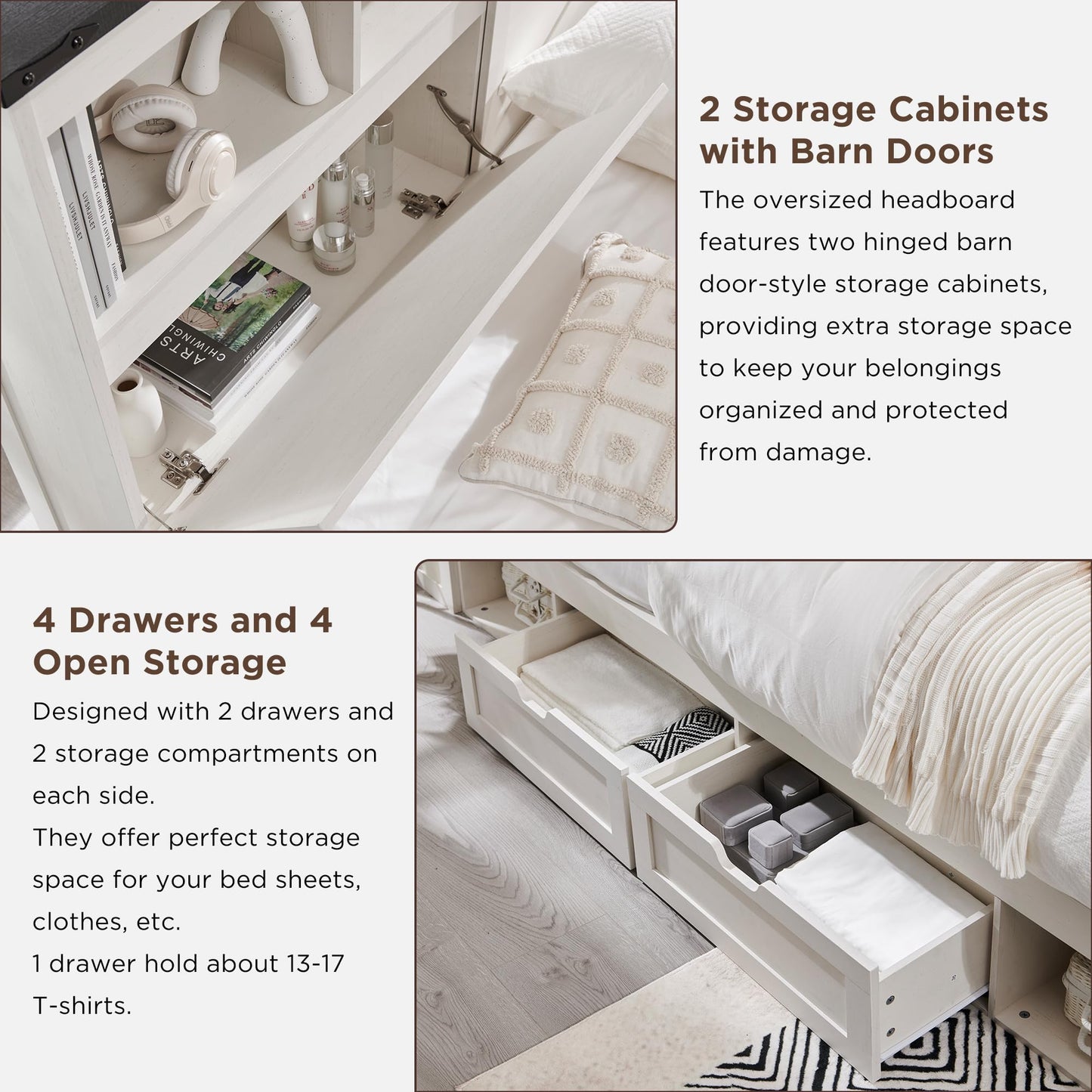 ACCOHOHO Farmhouse Queen Size Wood Bed Frame with 52" Tall Storage Headboard and 4 Drawers,LED Light,Charging Station,Solid Wood Slats Support,Noiseless,No Box Spring Needed,Antique White