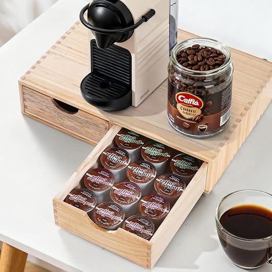 Wooden K Cup Organizer Coffee Pod Storage Box, Coffee Pod and Tea Bag Holder,Kcup Drawer Coffee Maker Stand,Home Kitchen Counter Holds Up to 30 Pods Capacity (2 Drawer) (Natural Wood Color)