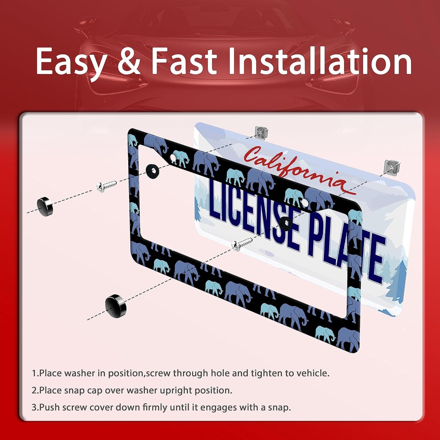 Elephant Family License Plate Frame Animal License Plate Stainless Steel Parts Colorful License Plate Decorative with Screws Size 12.3" x 6.3" Men Women