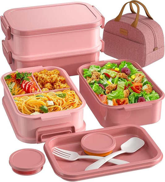 KEMETHY Adults Bento Lunch Box Set with Thermo Bag, 74oz Stackable Leak-proof 3-tiers Bento Box, Built-in Utensil and Sauce Container for Work, School, Dining Out (Pink)