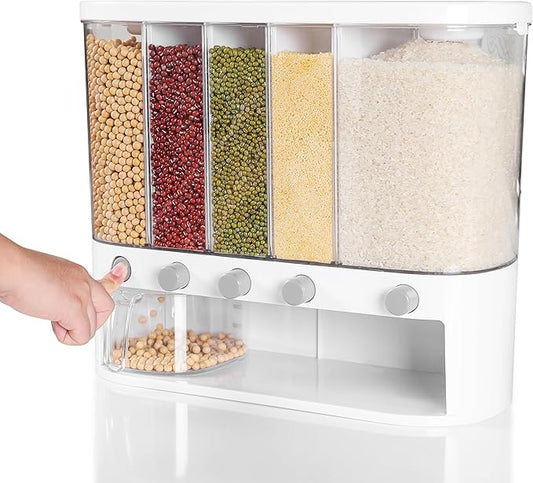 Wall Mounted Dry Food Dispenser with Individual Containers and Removable Walls for Rice, Beans, small grains, Lentils for Pantry and Kitchen Storage with Measuring Cup – 5 Grids