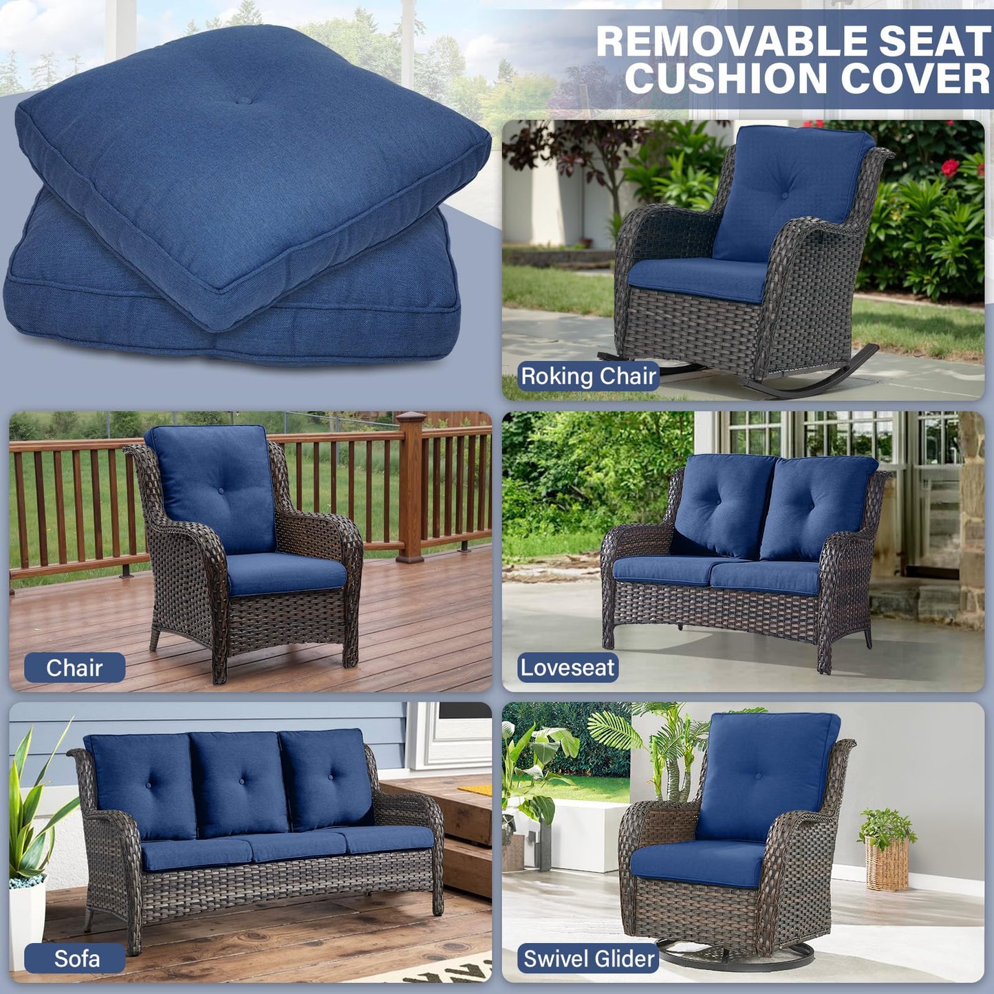 Artfurniz Outdoor Chair Cushions - 22 * 24" Patio Furniture Cushions with Removable Cover, 28D High Density Sponge Filling Outdoor Patio Cushions for Chairs, Rocker, Sofa and Loveseat - Blue