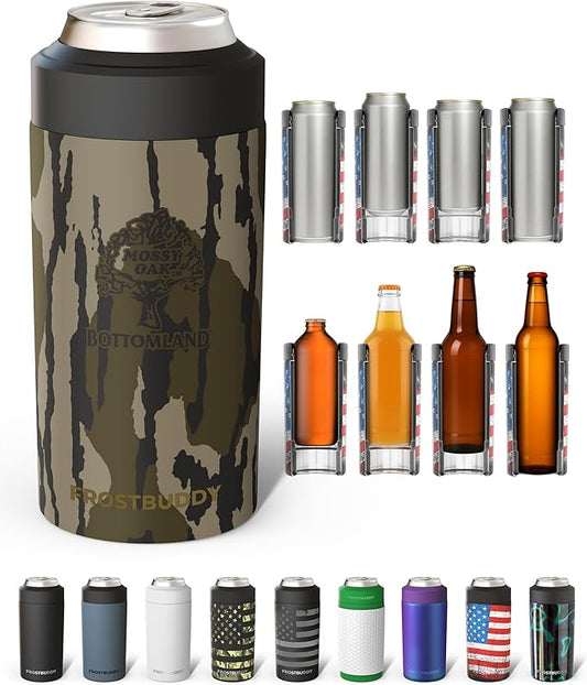 Frost Buddy Universal Can Cooler - Fits all - Stainless Steel Can Cooler for 12 oz & 16 oz Regular or Slim Cans & Bottles - Stainless Steel (Mossy Oak Bottomland)