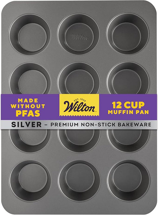 Wilton Silver Non Stick 12 Cup Muffin Pan, Cupcake and Muffin Tin for Baking and Brunch, Made without PFAS, Durable Steel