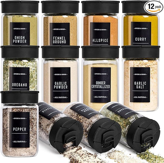12 pcs Glass Spice Jars With Labels,6oz Glass seasoning Containers with Silicone Lids,Small Spice Storage Bottles for Kitchen Organizer,Seasoning Jars for Spice Rack,Cabinet,or Drawer