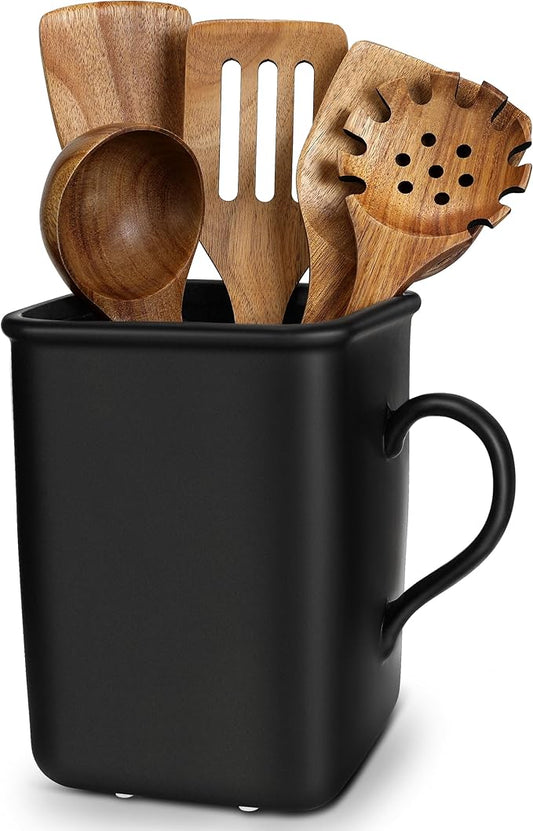 2026 Upgraded Vintage Kitchen Utensil Holder - Ceramic Utensil Crock Large Capacity Anti-tip, Modern Countertop Organizer for Farmhouse/Rustic/Contemporary Kitchen Decor(Matte Black)