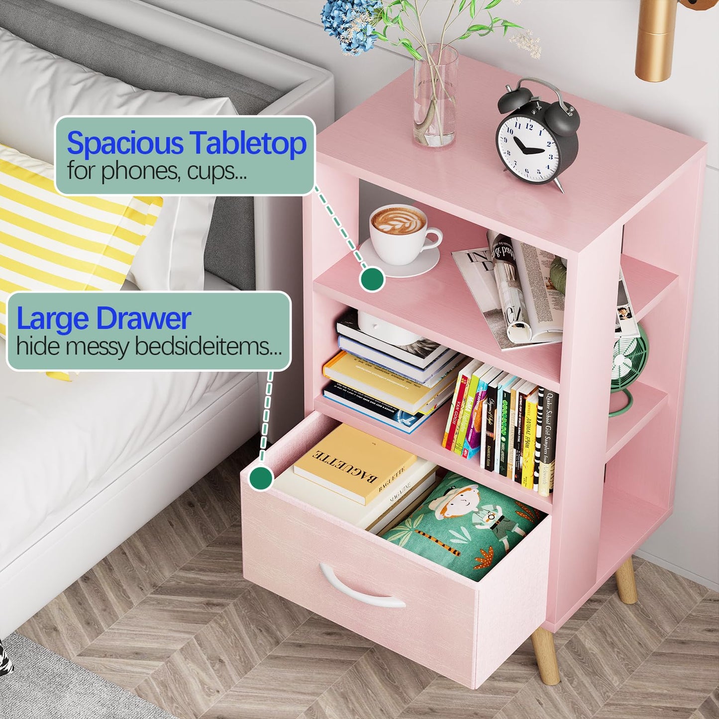 Aenuert Night Stand, Pink Kids Nightstand with Drawer, Nursery Side Table with Open Storage, 3-Tier Modern End Table, Bedside Table for Small Space, Living Room, Bedroom