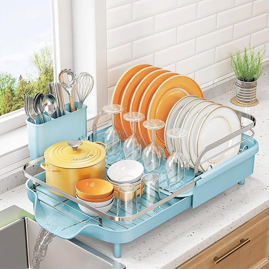 SNTD Dish Drying Rack, Expandable Dish Rack for Kitchen Counter, Stainless Steel Dish Drainer with Drainboard Set and Utensil Holder (Blue)
