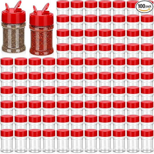 100 Pcs Plastic Spice Jars with 2 Sides Flip Cap Clear 2 Oz Seasoning Containers Empty Spice Bottles Small Seasoning Jars with Shaker Lid for Kitchen Storage Herbs and Powders(Red Cap)