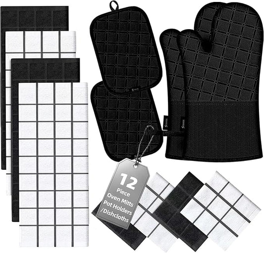 Oven Mitts Kitchen Towels and Dishcloths Pot Holders Sets, Oven Gloves Kitchen Dish Towels 500 Degree Heat Resistant Potholders with Non-Slip Silicone Surface for Cooking, Grilling, Baking-Black