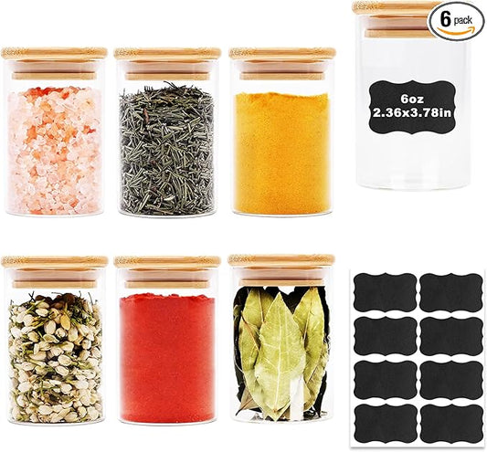 SHOWIN 6oz Glass Food Storage Jars, Glass Jars with Bamboo Lids, Kitchen Storage Jars, Set of 6, Canisters with Airtight Lids for Spice, Coffee, Cookie, Pantry Organizers