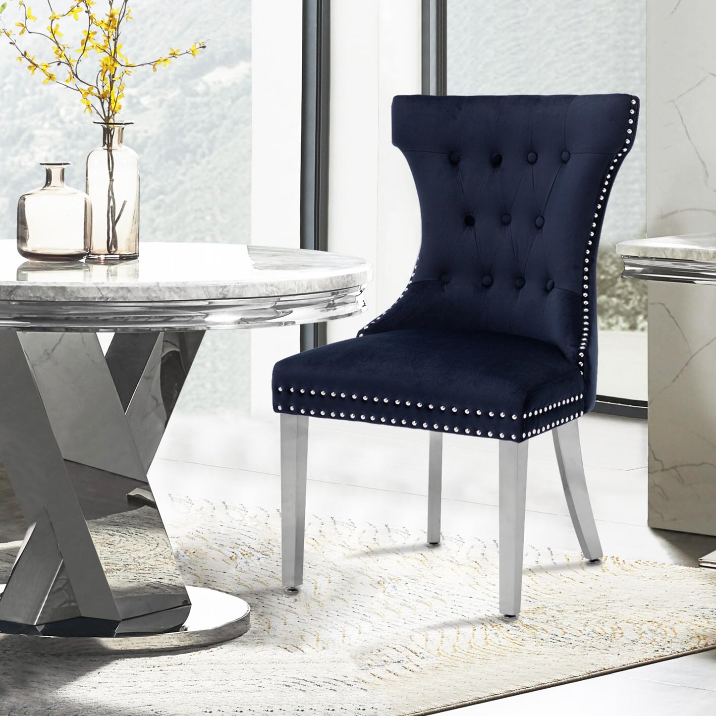 Creek Vista Velvet Dining Chairs Set of 2, Upholstered Dining Room Chair with Stainless Legs, Tufted Kitchen Chair with Button Back and Pull Ring, Dark Blue