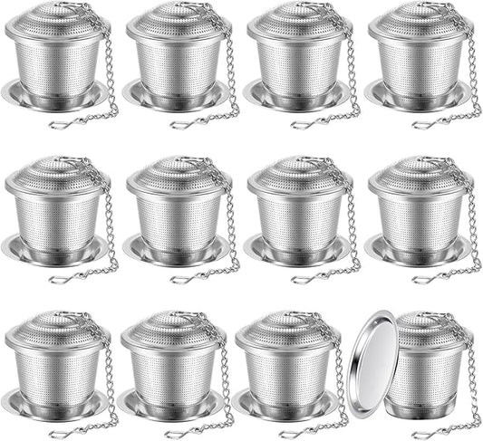 Zopeal 12 Pcs Tea Infuser Stainless Steel Strainer with Extended Chain Hook and Saucer Loose Leaf Steeper Fine Mesh Ball Tea Filter for Brew Spices Seasonings Fits Cup Mug Bottle (Medium)