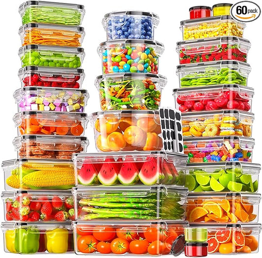 60 PCS Food Storage Containers with Lids Airtight, (30 Lids & 30 Containers) Leak proof Containers Set for Kitchen, Meal Prep, BPA-Free, PVC-Free Plastic, Microwave/Dishwasher Safe, Extra Labels & Pen