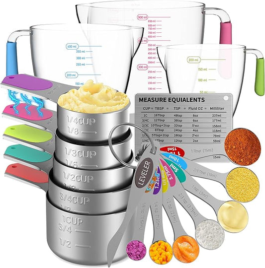 Magnetic Measuring Cups and Spoons Set, 5 Stainless Steel Measuring Cups, 7 Magnetic Measuring Spoons & 1 Leveler, 3 Plastic Measuring Cup with 1 Measuring Conversion Chart