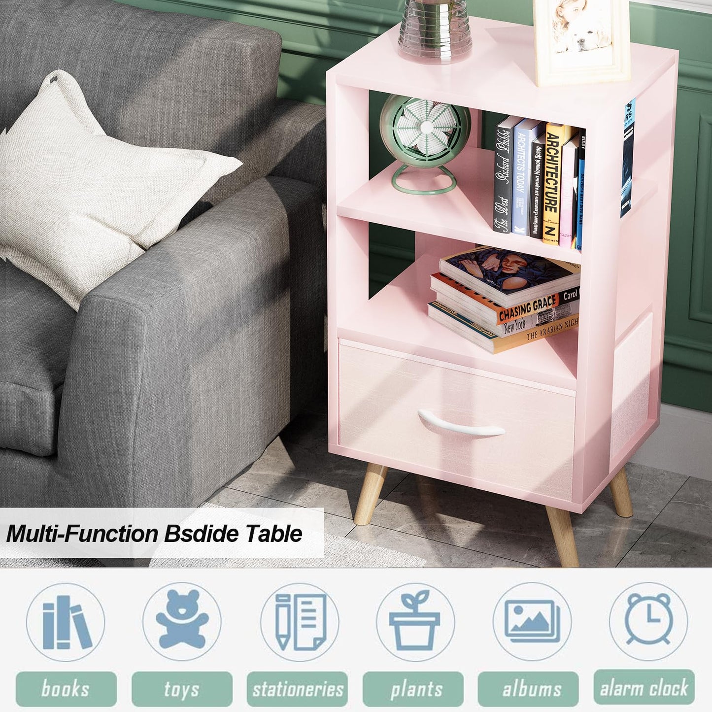 Aenuert Night Stand, Pink Kids Nightstand with Drawer, Nursery Side Table with Open Storage, 3-Tier Modern End Table, Bedside Table for Small Space, Living Room, Bedroom