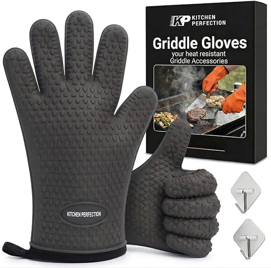 KITCHEN PERFECTION XL Silicone Oven & Griddle Gloves -Extreme Heat Resistant BBQ & Grilling Gloves -Handle Hot Food Right on Your Griddle |Waterproof Oven Mitts Grill Gloves |Superior Set+3 Bonuses