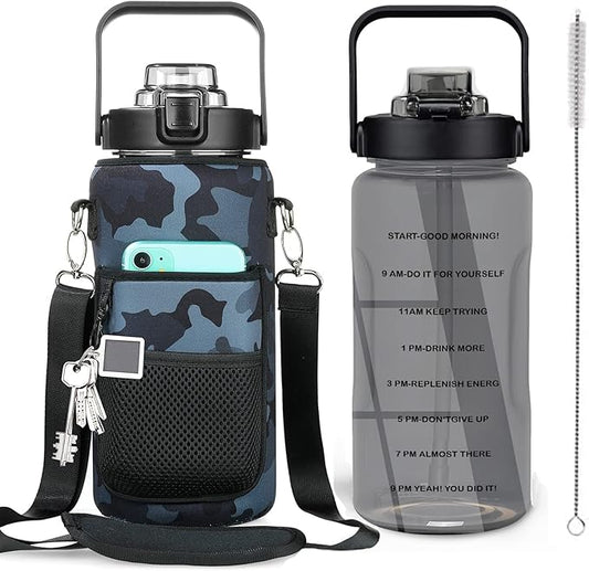 Half Gallon Water Bottle with Sleeve, 64OZ Motivational Water Bottle with Straw & Time Marker, BPA Free Leakproof Large Sports Water Bottle, Reusable Water Jug for Workout Gym Sport