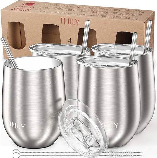 THILY Metal Insulated Stemless Wine Glasses 4 Pack Stainless Steel Wine Tumbler with Lid and Straw, Travel Cup Set, Reusable, Keep Cold & Hot for Wine, Coffee, Drinks, Silver