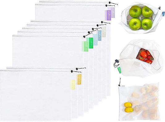 purifyou Set of 9 Reusable Produce Bags – Heavy Duty Washable Mesh Grocery Bags with Drawstring, Ideal for Farmers Market, Beach Storage, Refrigerator Use (Extra Large, Large, Small)