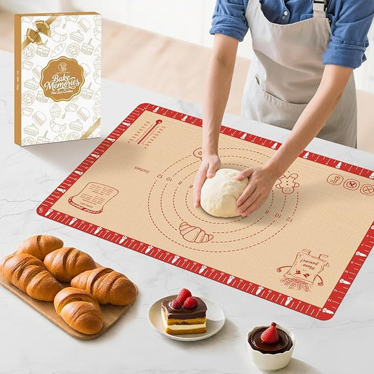 Extra Thick Silicone Baking Mat with Recipes - 26x16 inch Non Stick Pastry Mat with Measurements for Sourdough, Macarons, Bread, Pizza, Dough Rolling, Kneading, Heat Resistant to 480°F Gift for Baker