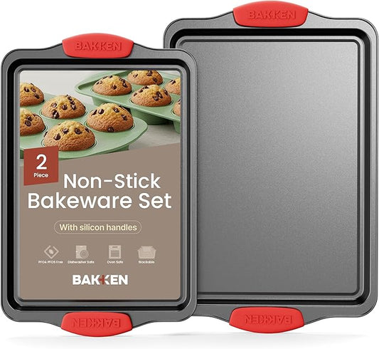 2 Piece Set Nonstick Carbon Steel Oven Bakeware -Professional Quality Kitchen Cooking Baking Trays -PFOA, PFOS, PTFE-Free Medium & Large Baking Sheet Pans with Red Silicone Handles