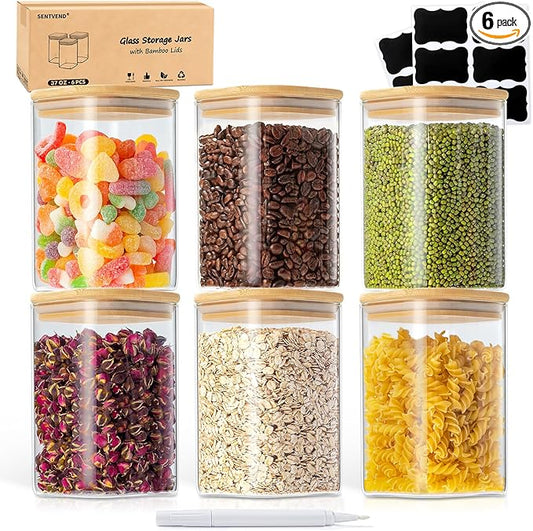 SENTVEND 37 Oz Glass Storage Jars with Bamboo Lids - 6 Pack Clear Glass Canisters Square Airtight Stackable Ideal for Pantry Storage Containers Organizers Great for Storing Oats Coffee Beans Nuts etc