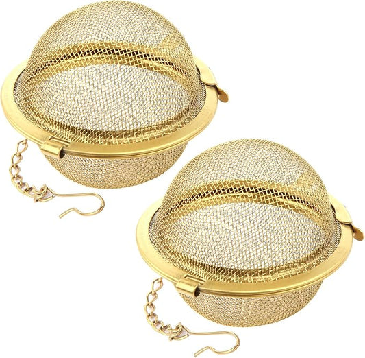 Luckyiren Tea Ball Infuser with Chain;; Premium Stainless Steel Fine Mesh Screen Tea Strainer Filters Colander Cullender Sieve Infusion Steeper Maker for Loose Leaf Tea Herbs, 2 Pieces, Golden