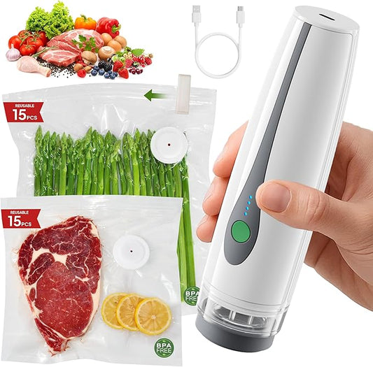Compact Vacuum Sealer for Food, Handheld Portable Vacuum Sealer Machine for Food Storage, Powerful Seal Meal Saver, 30 Reusable Vacuum Bags, for Kitchen/Travel/Meal Prep, Gifts for Mom, Wife & Chef