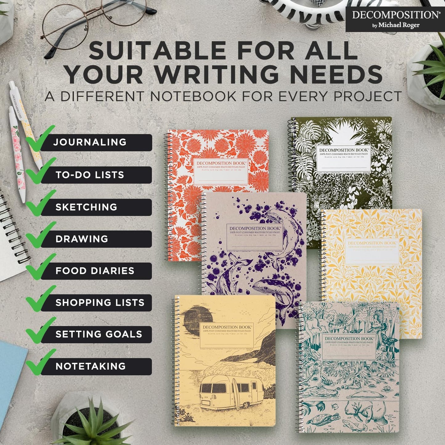 Decomposition 3-Pack Coastal Harmony College Ruled Spiral Notebook - 9.75 x 7.5 Journal, 160 Lined Pages - 100% Recycled Paper - Notebooks for School Supplies, Home & Office - Made in USA