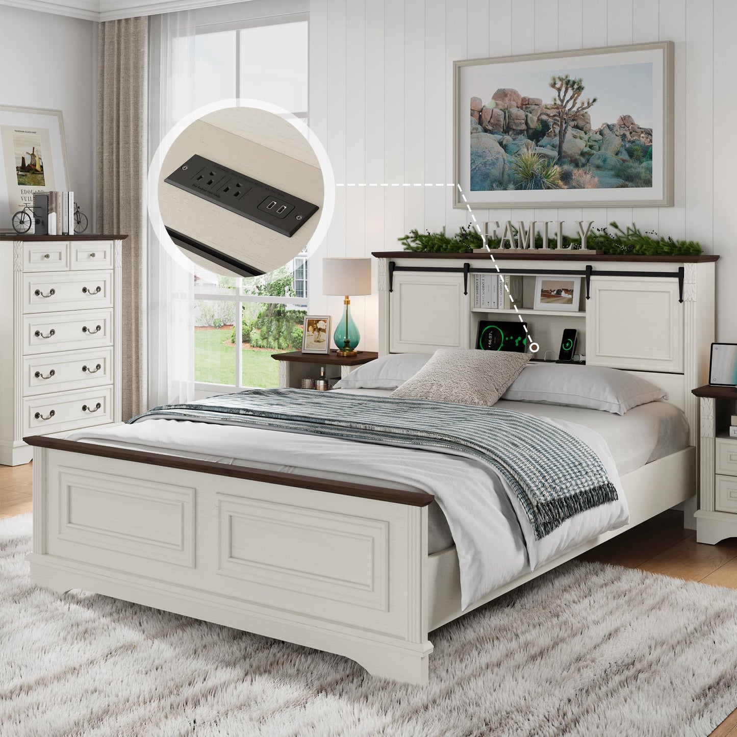 BLANKSPACE Queen Size Bed Frame with Storage Headboard, Charging Station, Bracket Footboard, Farmhouse Bed Frame with Bookcase and Sliding Barn Doors, Noiseless,（Antique White）