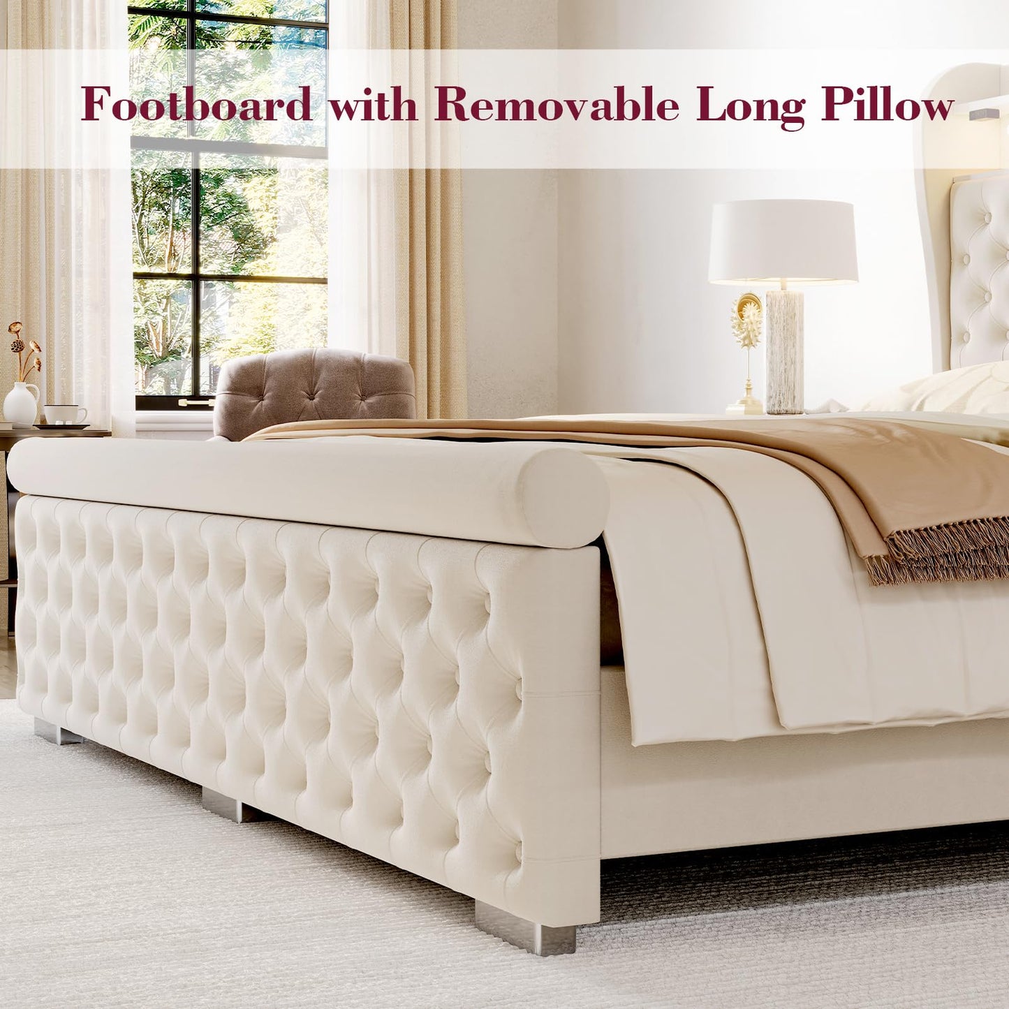 ROCHECASA Queen Bed Frame with Bookcase Storage and Charging Station, 50.6" Tall Velvet Upholstered Sleigh Bed with LED Light, No Box Spring Needed, Easy Assemble, Cream