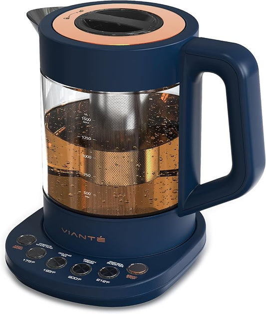 Vianté Electric Kettle With Infuser. No Plastic In Contact With Water. Hot Tea Maker With Temperature Control And Automatic Shut Off. 1.5 Liters Capacity | Midnight Blue Color