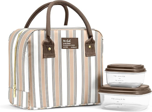 Fit & Fresh Bloomington Lunch Bag for Women - Insulated Large Lunch Box for Work with Containers, Leak-Resistant, Stain-Resistant, Zipper Closure, Ticking Stripe Taupe