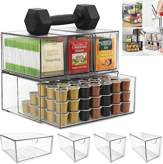 Coffee Pod and Tea Bag Organizer Drawer – Crystal-Clear Acrylic Tea Bag Drawer, Easy to Clean & Stackable for K-Cups, Tea, Sugar Packets in Office, Gym & Kitchen Cupboard (4-Pack)
