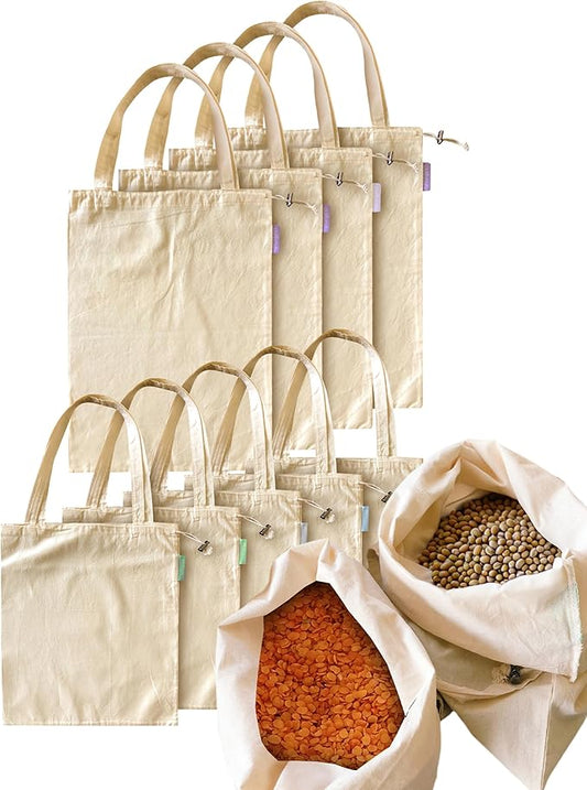 purifyou Set of 9 Mini Tote Bags with Drawstring, Reusable Organic Cotton Canvas Bags for Grocery Shopping, Dry Goods, Beach Essentials, Storage, and Travel, Washable (Large, XL)