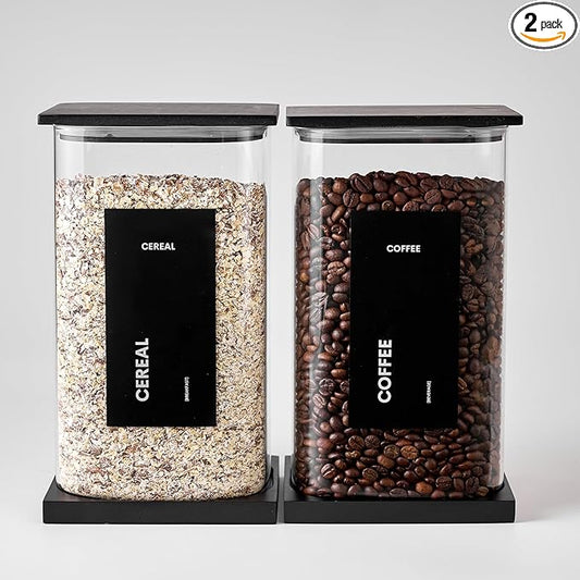 Glass Storage Jars with Bamboo Lids, 100oz Square Food Storage Containers for Kitchen Pantry Organization, Storage Canisters with Labels for Cereal Flour Beans Tea, Large Spice jars Seasoning Bottles