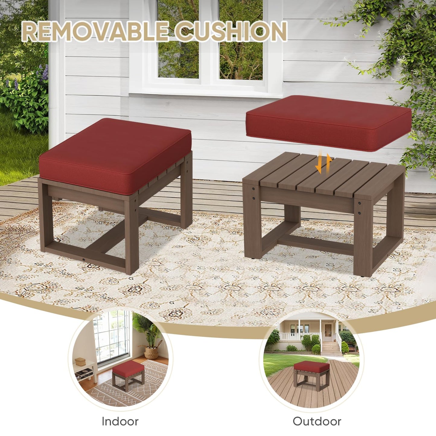 COOS BAY Natural Cedar Outdoor Patio Ottomans with Removable Cushions, Set of 2, Real Wood Footrests for Deck, Porch, Balcony, and Backyard, Brownish/Red